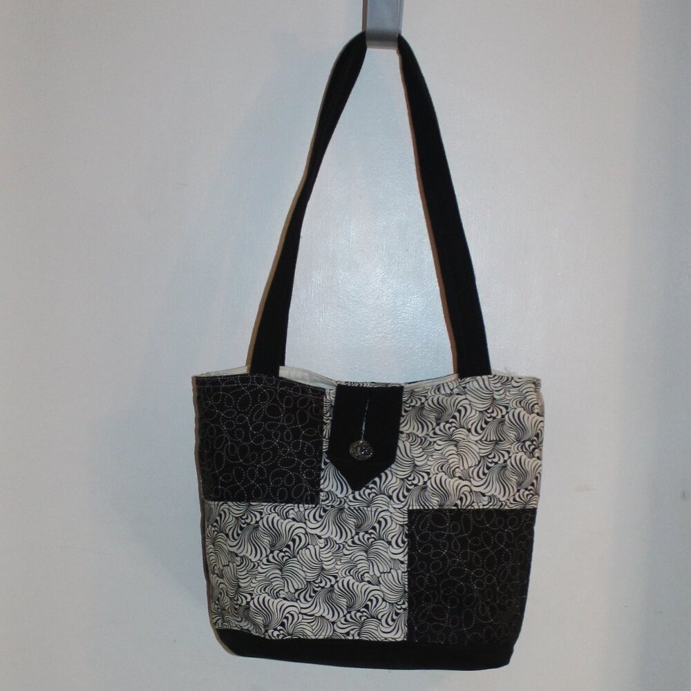 Vintage Black and White Quilted Patch Tote Bag